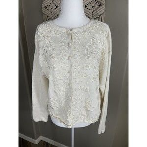 VINTAGE Beaded Ivory Cardigan Sweater Size L Pearls Floral Ramie Cotton